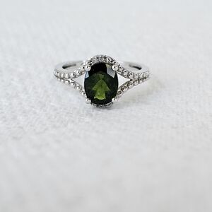 Natural Moldavite & Diamond Sterling Silver Ring Size 7!